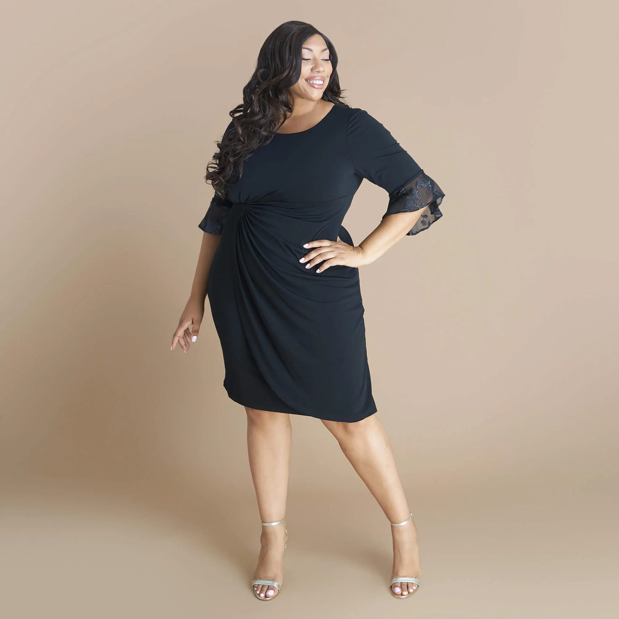 Lisa 2.0 Black Chiffon Sleeve Faux Wrap Dress