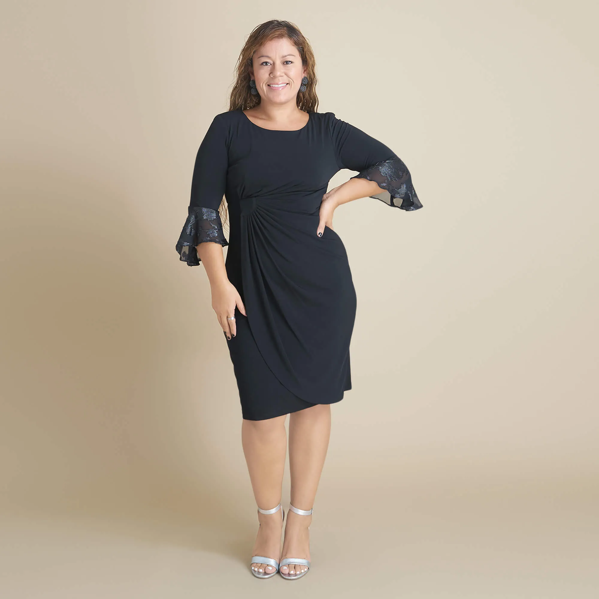 Lisa 2.0 Black Chiffon Sleeve Faux Wrap Dress