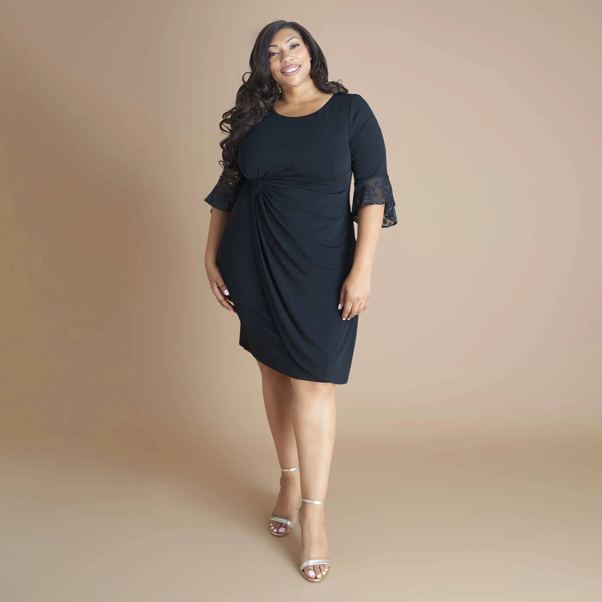 Lisa 2.0 Black Chiffon Sleeve Faux Wrap Dress