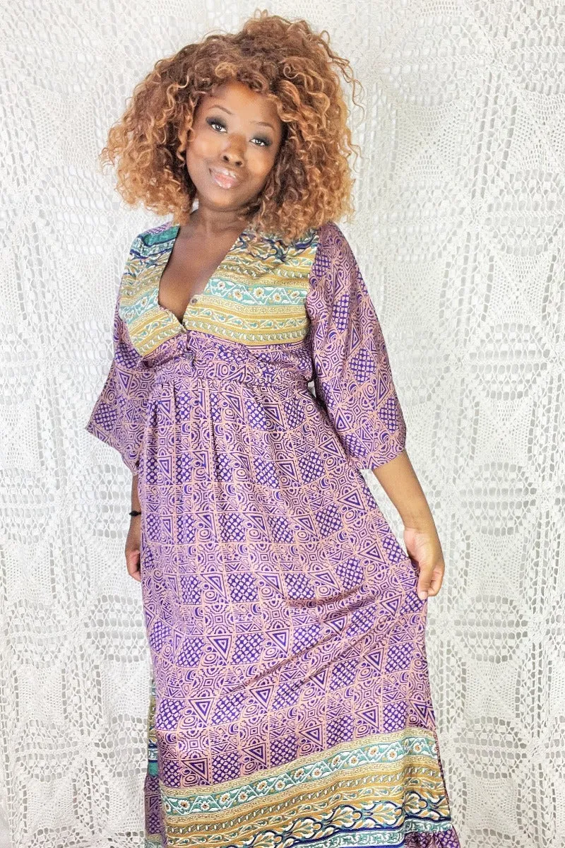 Lunar Maxi Dress - Vintage Indian Sari - Purple Gold & Teal - S/M