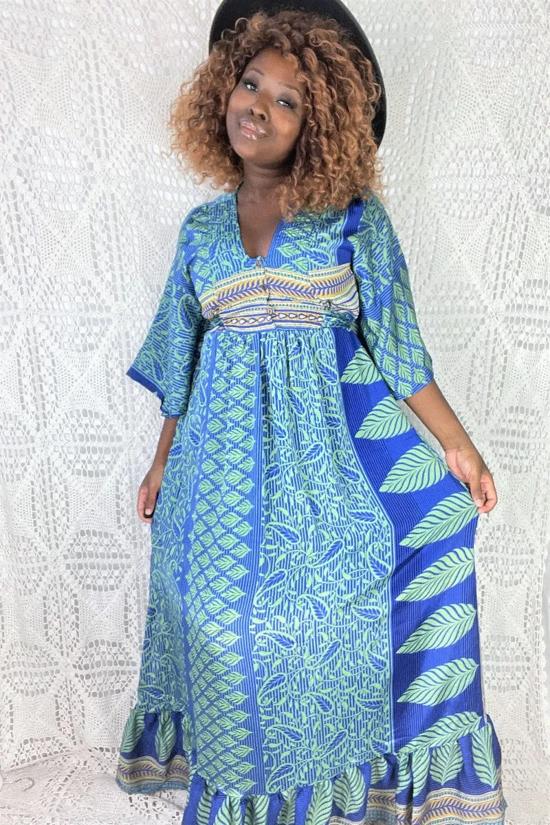 Lunar Maxi Dress - Vintage Indian Sari - Sage Green, Honey & Indigo Paisley - S/M