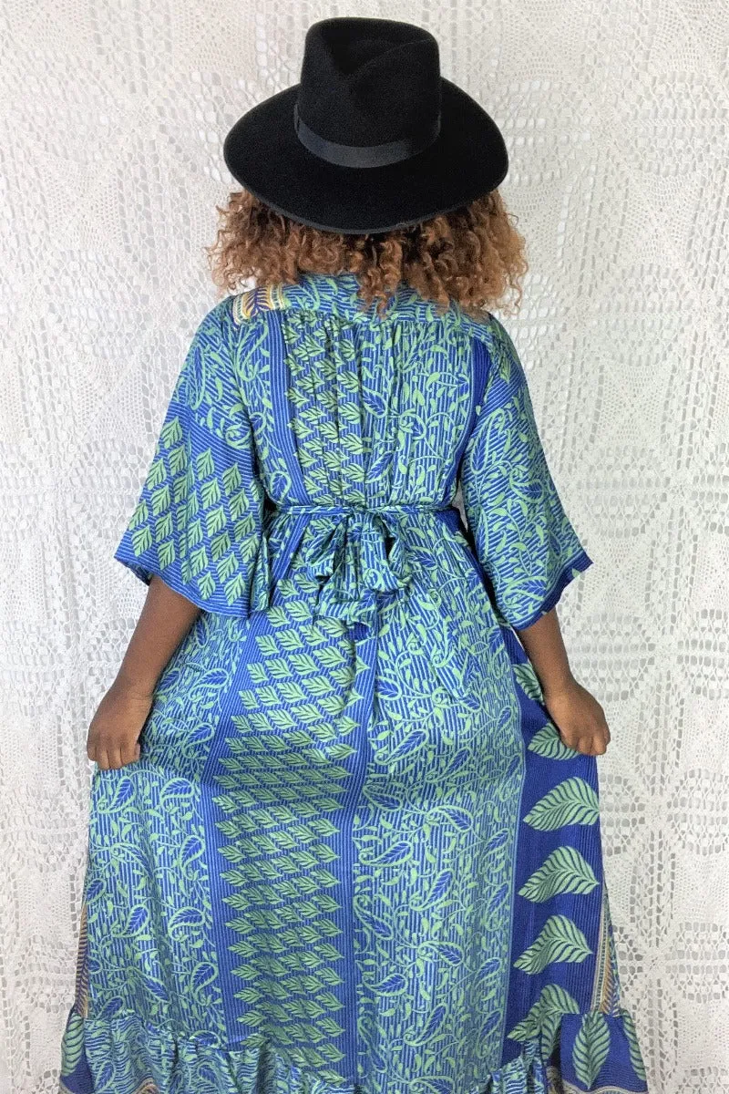 Lunar Maxi Dress - Vintage Indian Sari - Sage Green, Honey & Indigo Paisley - S/M