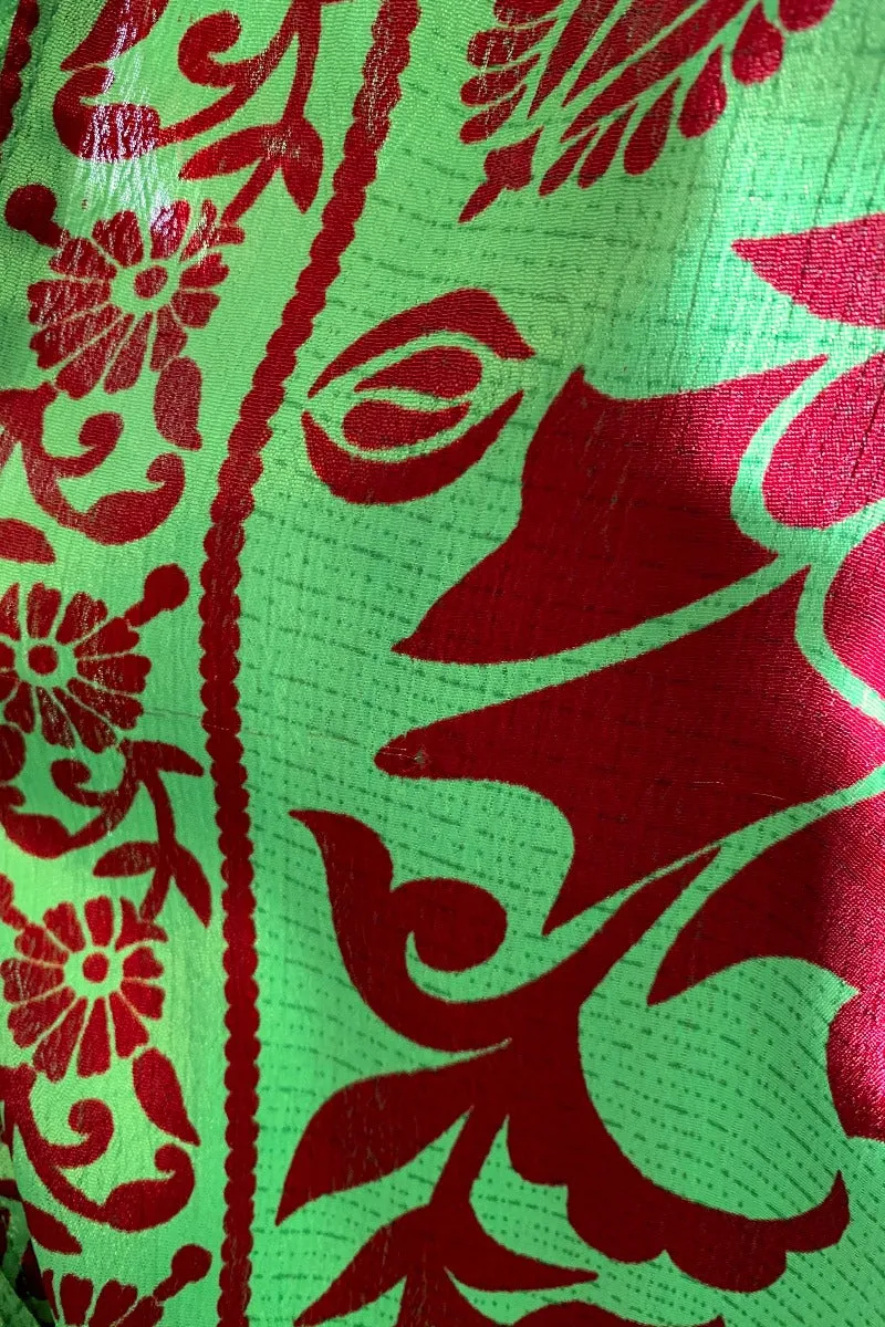 Lunar Maxi Dress - Vintage Indian Sari - Vibrant Lime & Auburn Motif - Free Size S/M