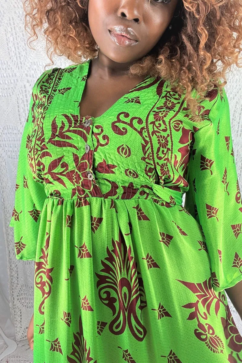 Lunar Maxi Dress - Vintage Indian Sari - Vibrant Lime & Auburn Motif - Free Size S/M