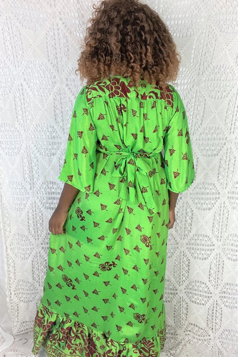 Lunar Maxi Dress - Vintage Indian Sari - Vibrant Lime & Auburn Motif - Free Size S/M