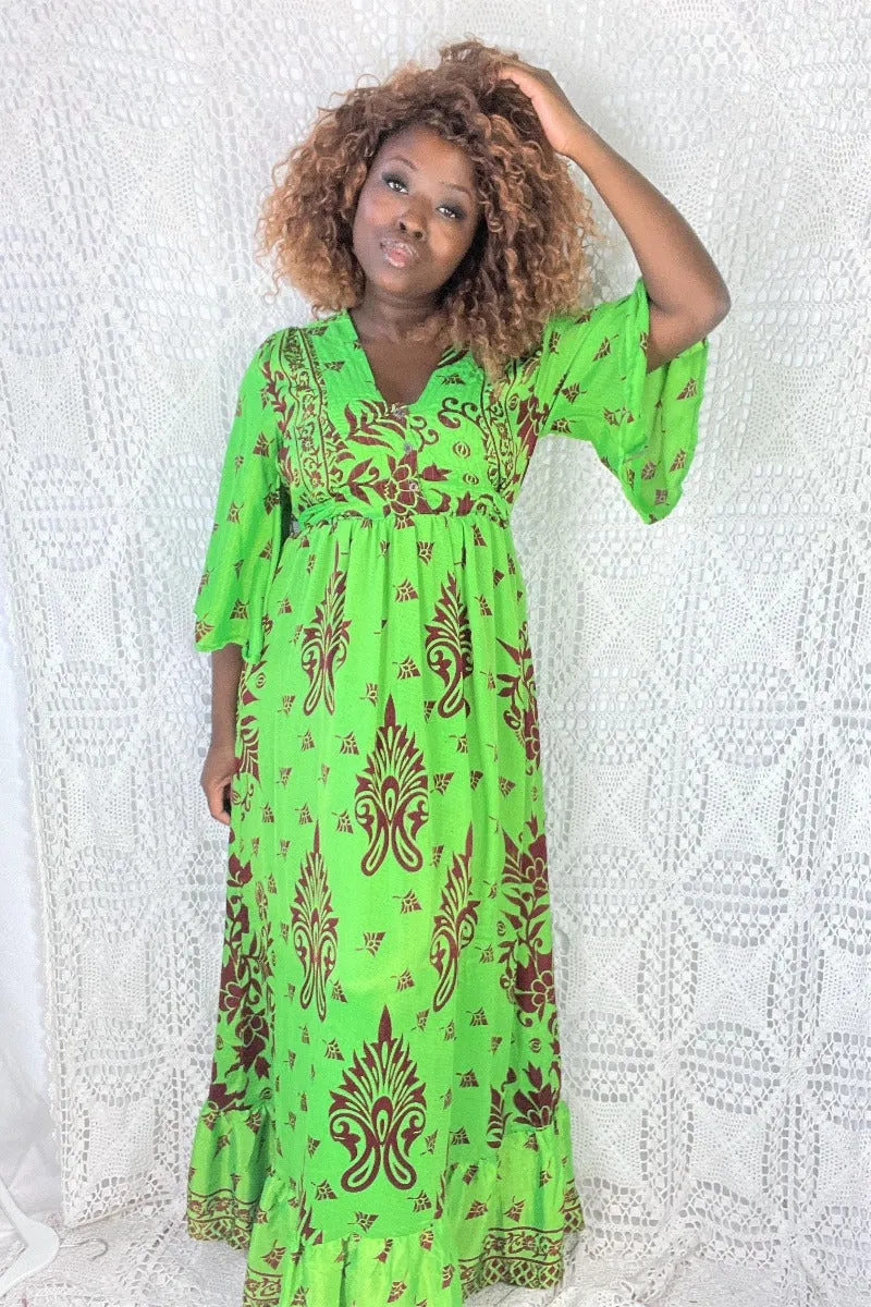 Lunar Maxi Dress - Vintage Indian Sari - Vibrant Lime & Auburn Motif - Free Size S/M