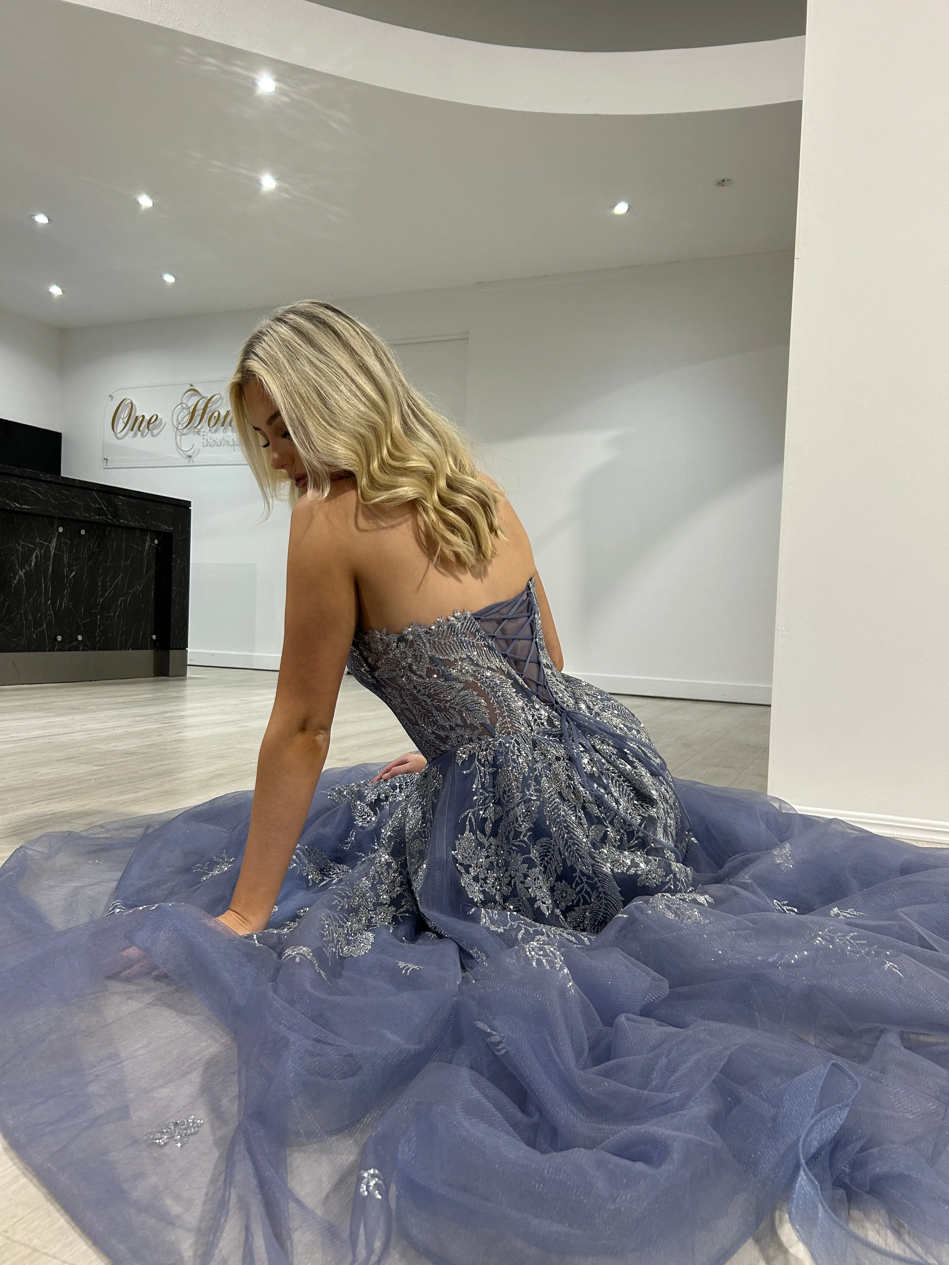 MERCER Strapless Glitter Ball Gown Formal Dress