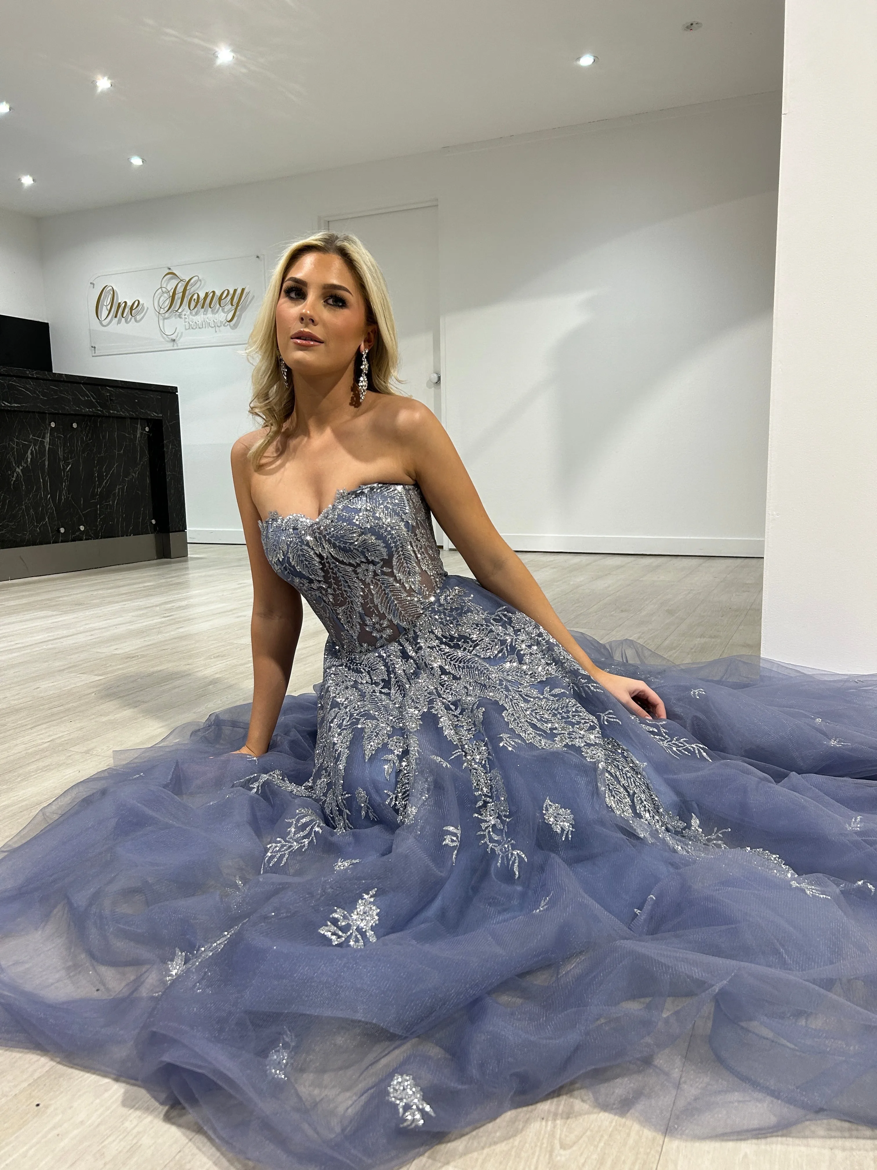 MERCER Strapless Glitter Ball Gown Formal Dress