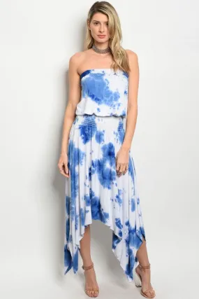 Misses Blue and Ivory Strapless Tie Dye Maxi Dress