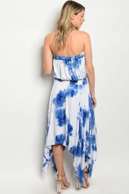 Misses Blue and Ivory Strapless Tie Dye Maxi Dress