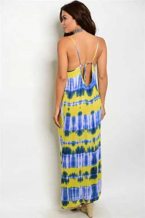 Misses Yellow and Green Tie Dye Maxi Dress with Side Slits