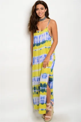Misses Yellow and Green Tie Dye Maxi Dress with Side Slits