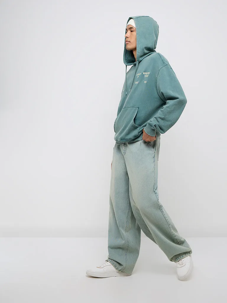 Nuon Sage Typographic Design Relaxed-Fit Cotton Hoodie