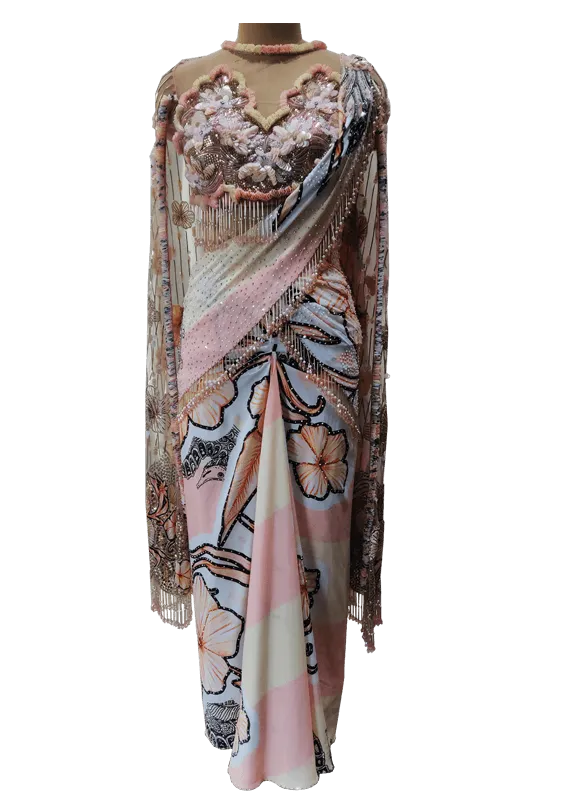 Peach Seahorse Printed Saree Set