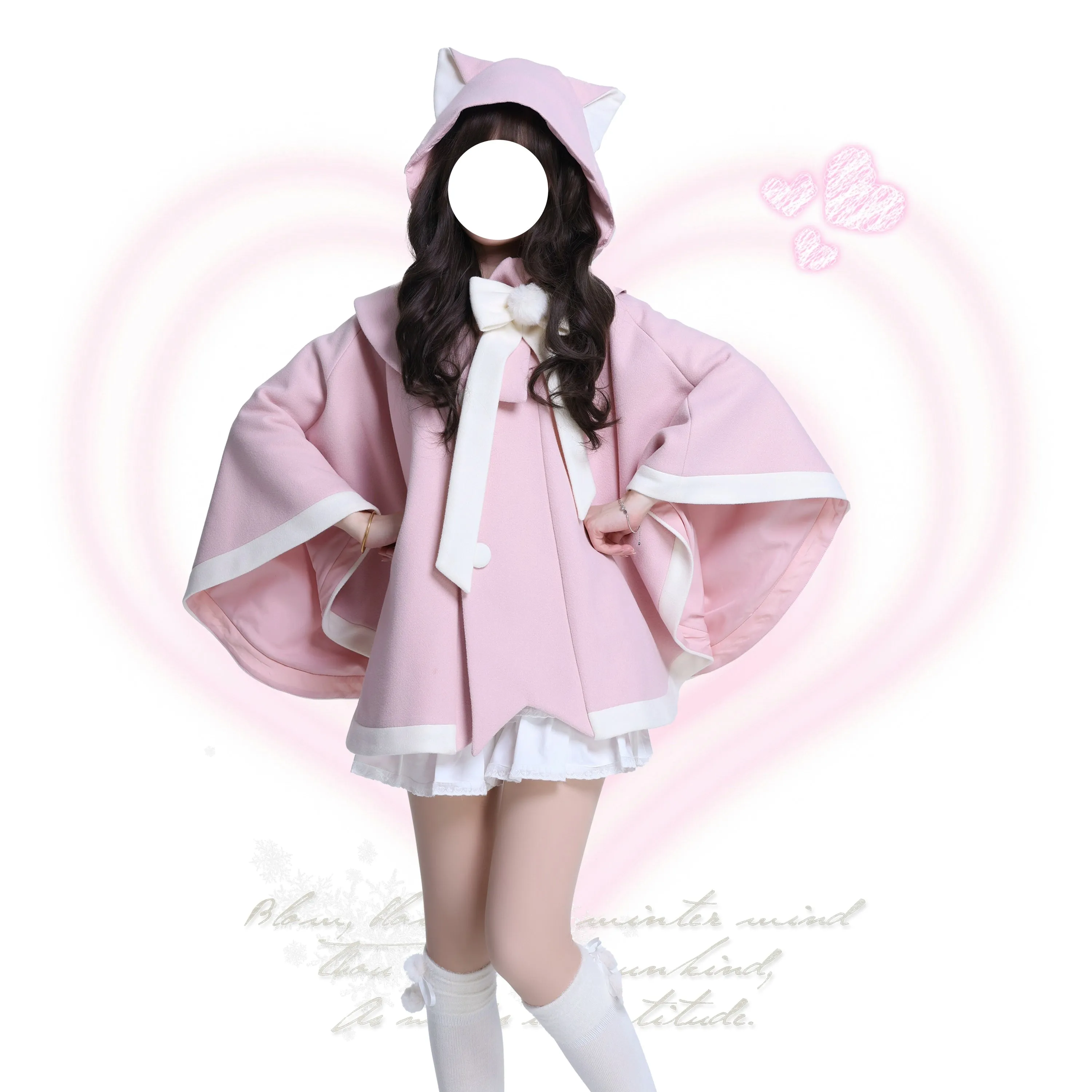Platycodon Cat Ears Cake Pink Black Wool Cape Coat