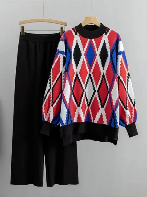 Pre Order:  Argyle Loose Knit Sweater   Pants Set