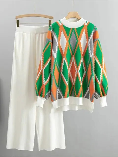Pre Order:  Argyle Loose Knit Sweater   Pants Set