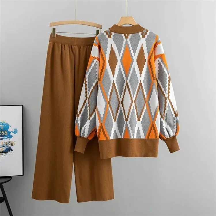 Pre Order:  Argyle Loose Knit Sweater   Pants Set