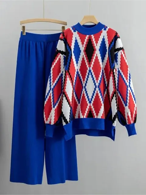 Pre Order:  Argyle Loose Knit Sweater   Pants Set