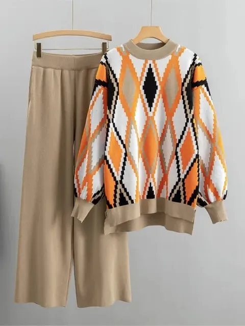 Pre Order:  Argyle Loose Knit Sweater   Pants Set