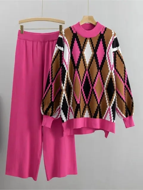 Pre Order:  Argyle Loose Knit Sweater   Pants Set