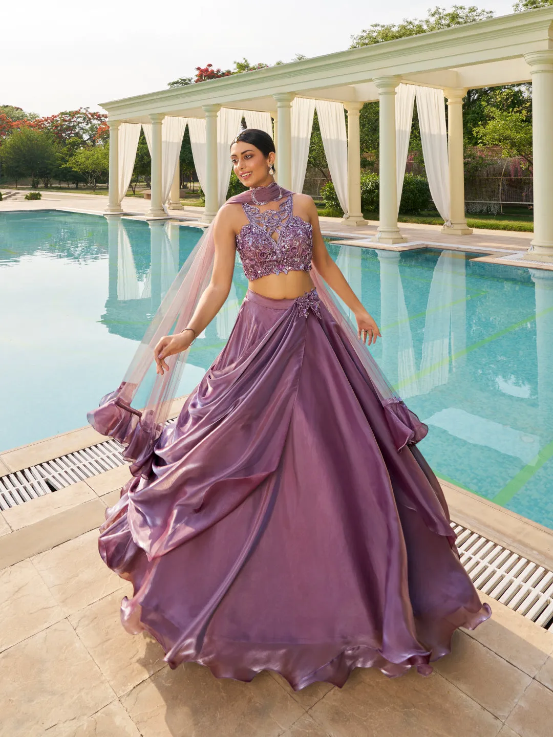 Purple Imported Satin Tissue Lehenga
