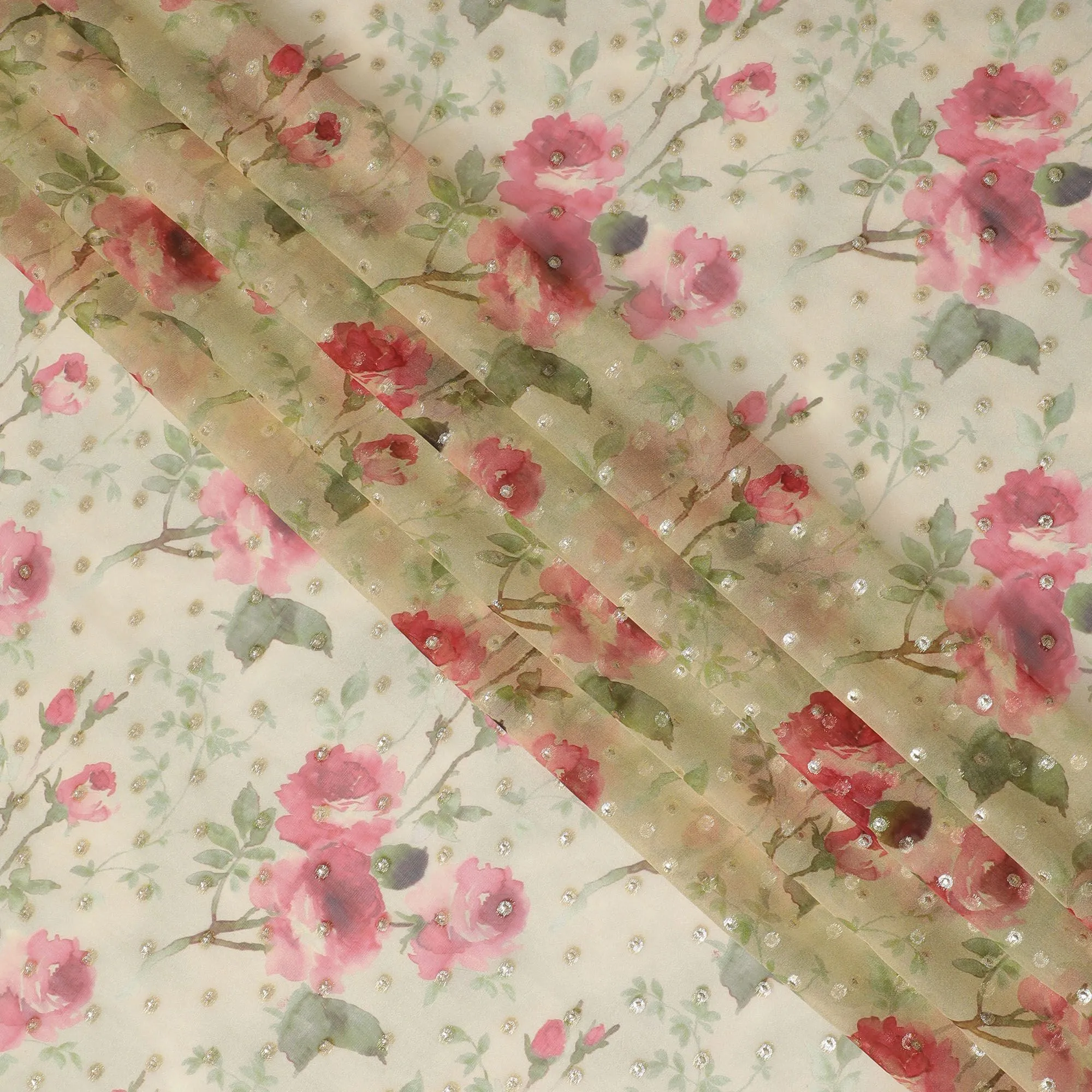 Romantic Pink Floral Silk Chiffon with Metallic Lurex - 110cm Wide, South Korean Luxury, Available for Online Purchase by the Meter-D18166