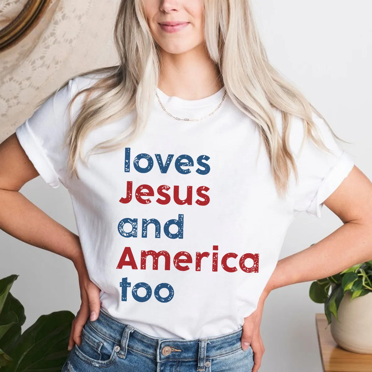 Teesdily | Loves Jesus And America Too Shirt, Patriotic Christian Sweatshirt Hoodie Pullover, Independence Day Mug, Christian 4Th Of July Gifts