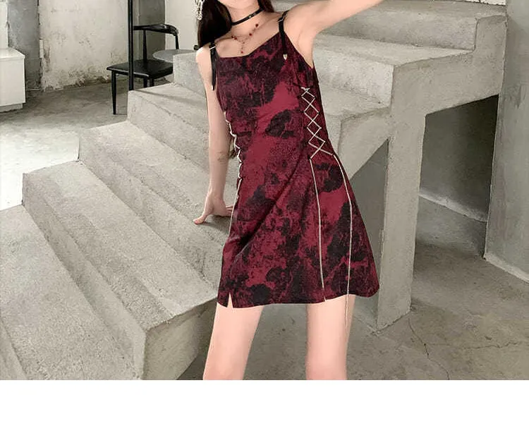 VenusFox Sexy Slip Dress Women Goth Tie Dye Mini Dress Gothic Harajuku Bodycon Vintage Sundresses Backless Halter Summer Outfits