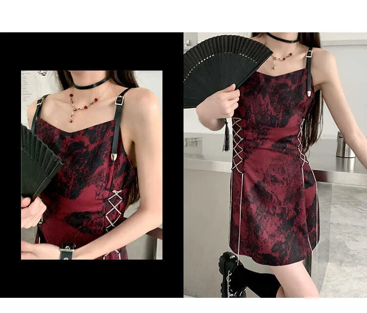 VenusFox Sexy Slip Dress Women Goth Tie Dye Mini Dress Gothic Harajuku Bodycon Vintage Sundresses Backless Halter Summer Outfits