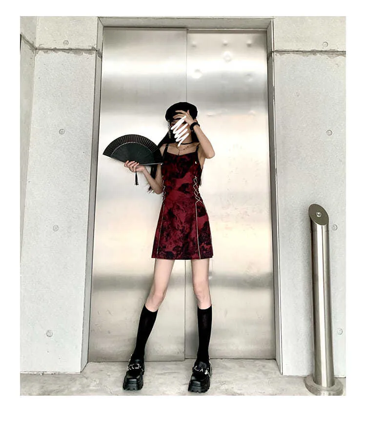 VenusFox Sexy Slip Dress Women Goth Tie Dye Mini Dress Gothic Harajuku Bodycon Vintage Sundresses Backless Halter Summer Outfits