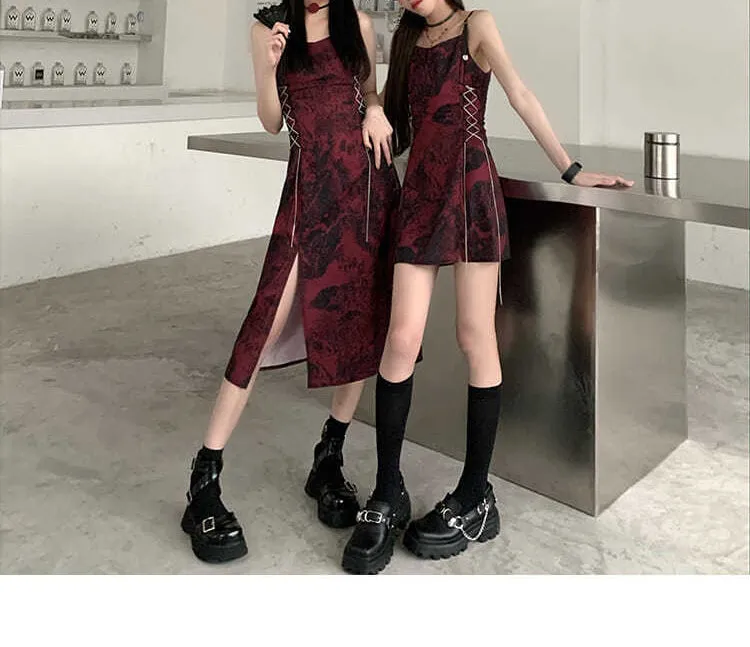 VenusFox Sexy Slip Dress Women Goth Tie Dye Mini Dress Gothic Harajuku Bodycon Vintage Sundresses Backless Halter Summer Outfits