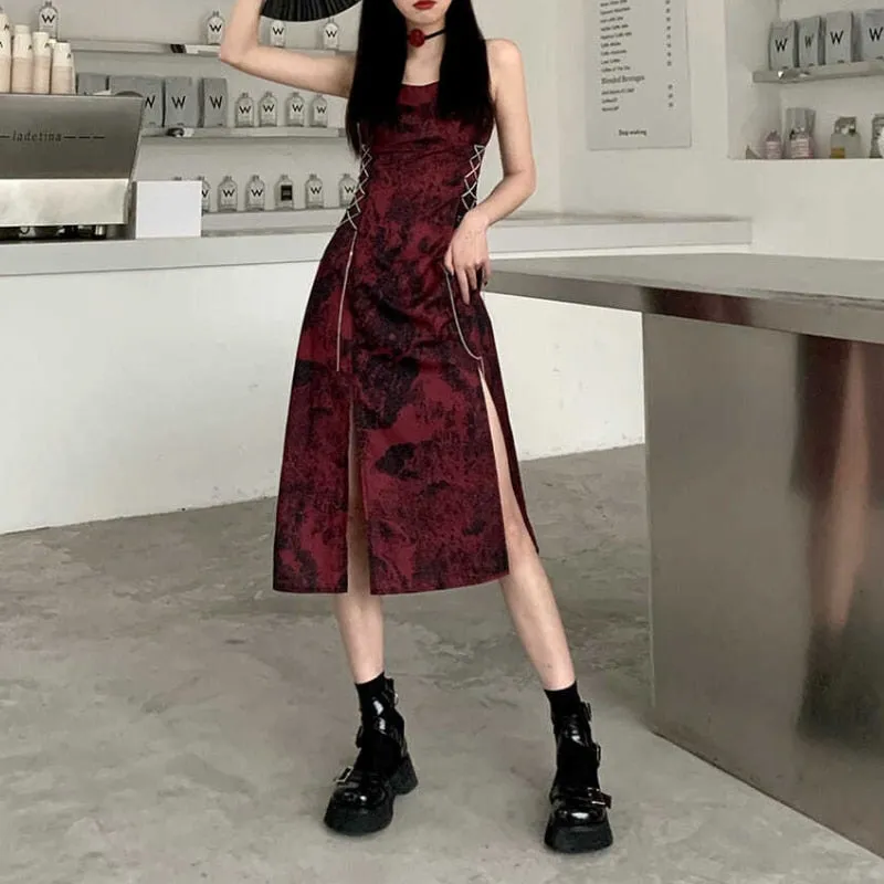 VenusFox Sexy Slip Dress Women Goth Tie Dye Mini Dress Gothic Harajuku Bodycon Vintage Sundresses Backless Halter Summer Outfits
