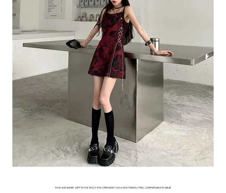 VenusFox Sexy Slip Dress Women Goth Tie Dye Mini Dress Gothic Harajuku Bodycon Vintage Sundresses Backless Halter Summer Outfits