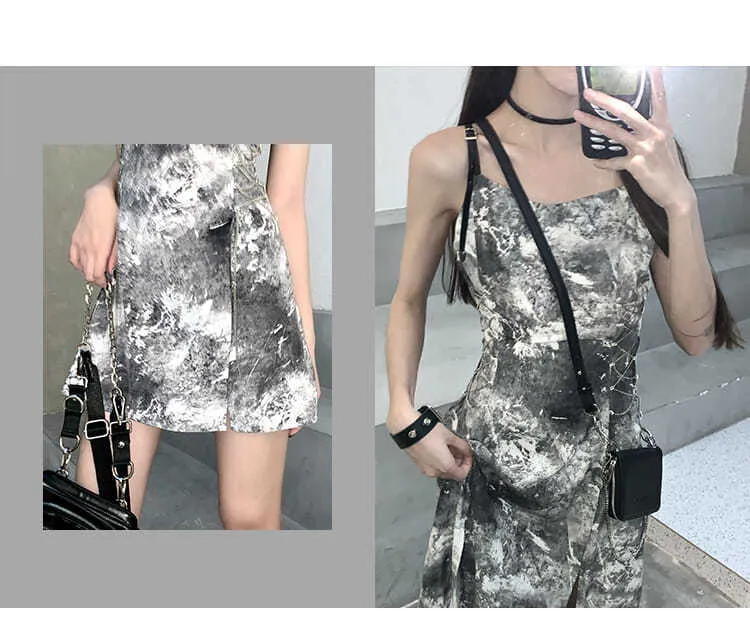 VenusFox Sexy Slip Dress Women Goth Tie Dye Mini Dress Gothic Harajuku Bodycon Vintage Sundresses Backless Halter Summer Outfits