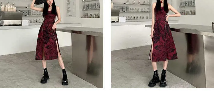 VenusFox Sexy Slip Dress Women Goth Tie Dye Mini Dress Gothic Harajuku Bodycon Vintage Sundresses Backless Halter Summer Outfits