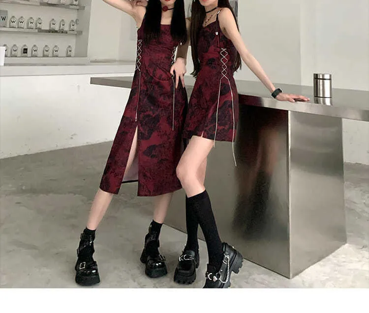 VenusFox Sexy Slip Dress Women Goth Tie Dye Mini Dress Gothic Harajuku Bodycon Vintage Sundresses Backless Halter Summer Outfits