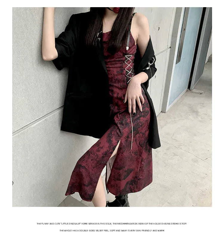 VenusFox Sexy Slip Dress Women Goth Tie Dye Mini Dress Gothic Harajuku Bodycon Vintage Sundresses Backless Halter Summer Outfits