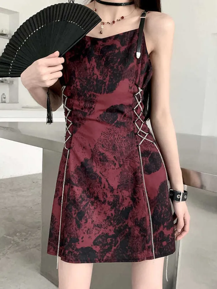 VenusFox Sexy Slip Dress Women Goth Tie Dye Mini Dress Gothic Harajuku Bodycon Vintage Sundresses Backless Halter Summer Outfits