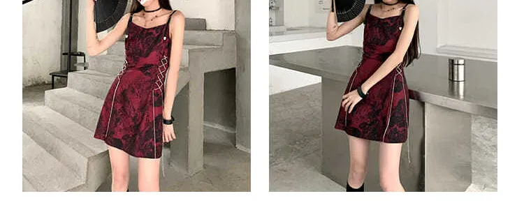 VenusFox Sexy Slip Dress Women Goth Tie Dye Mini Dress Gothic Harajuku Bodycon Vintage Sundresses Backless Halter Summer Outfits