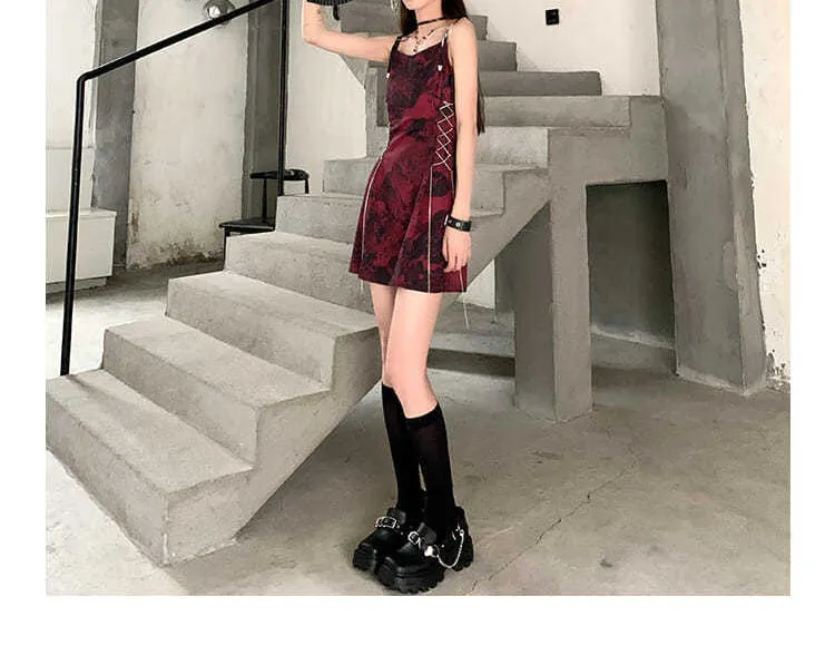 VenusFox Sexy Slip Dress Women Goth Tie Dye Mini Dress Gothic Harajuku Bodycon Vintage Sundresses Backless Halter Summer Outfits