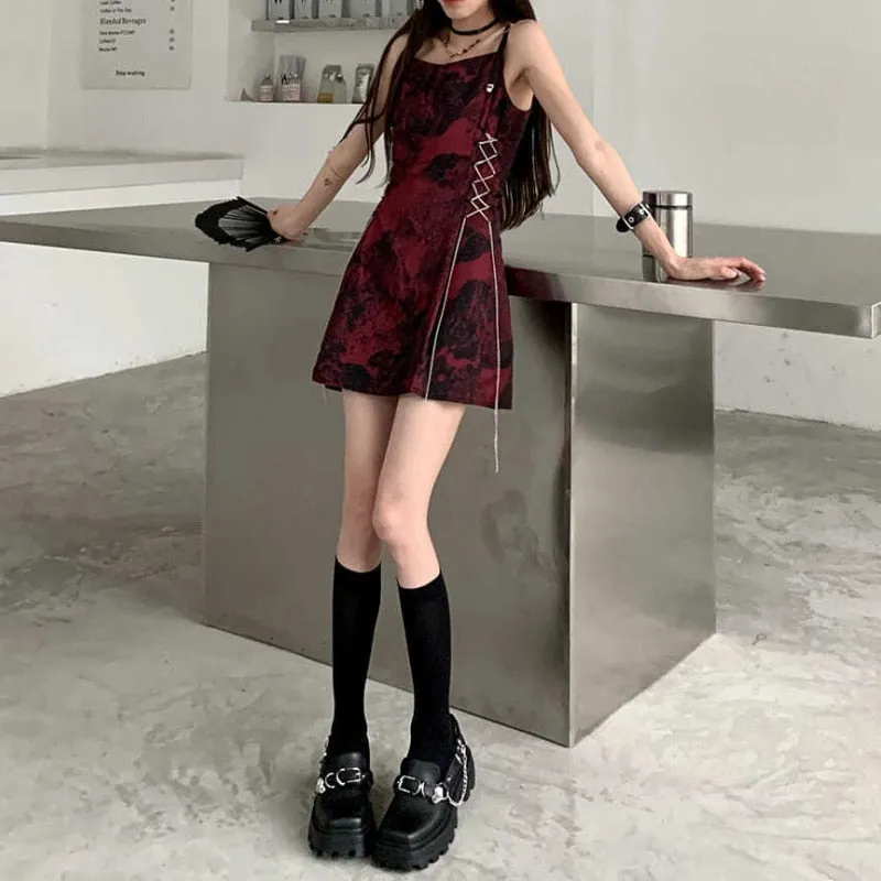 VenusFox Sexy Slip Dress Women Goth Tie Dye Mini Dress Gothic Harajuku Bodycon Vintage Sundresses Backless Halter Summer Outfits