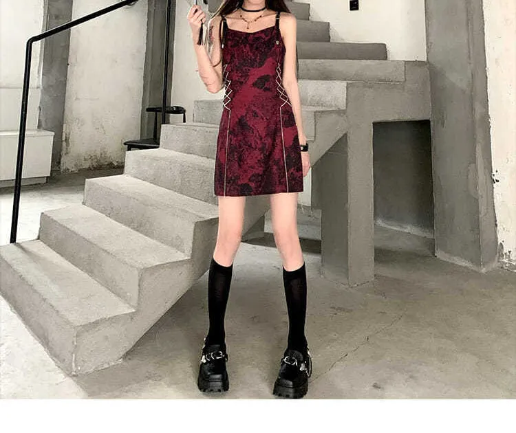 VenusFox Sexy Slip Dress Women Goth Tie Dye Mini Dress Gothic Harajuku Bodycon Vintage Sundresses Backless Halter Summer Outfits
