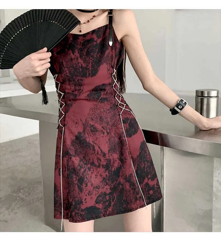 VenusFox Sexy Slip Dress Women Goth Tie Dye Mini Dress Gothic Harajuku Bodycon Vintage Sundresses Backless Halter Summer Outfits