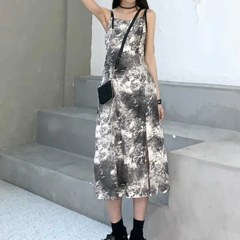 VenusFox Sexy Slip Dress Women Goth Tie Dye Mini Dress Gothic Harajuku Bodycon Vintage Sundresses Backless Halter Summer Outfits