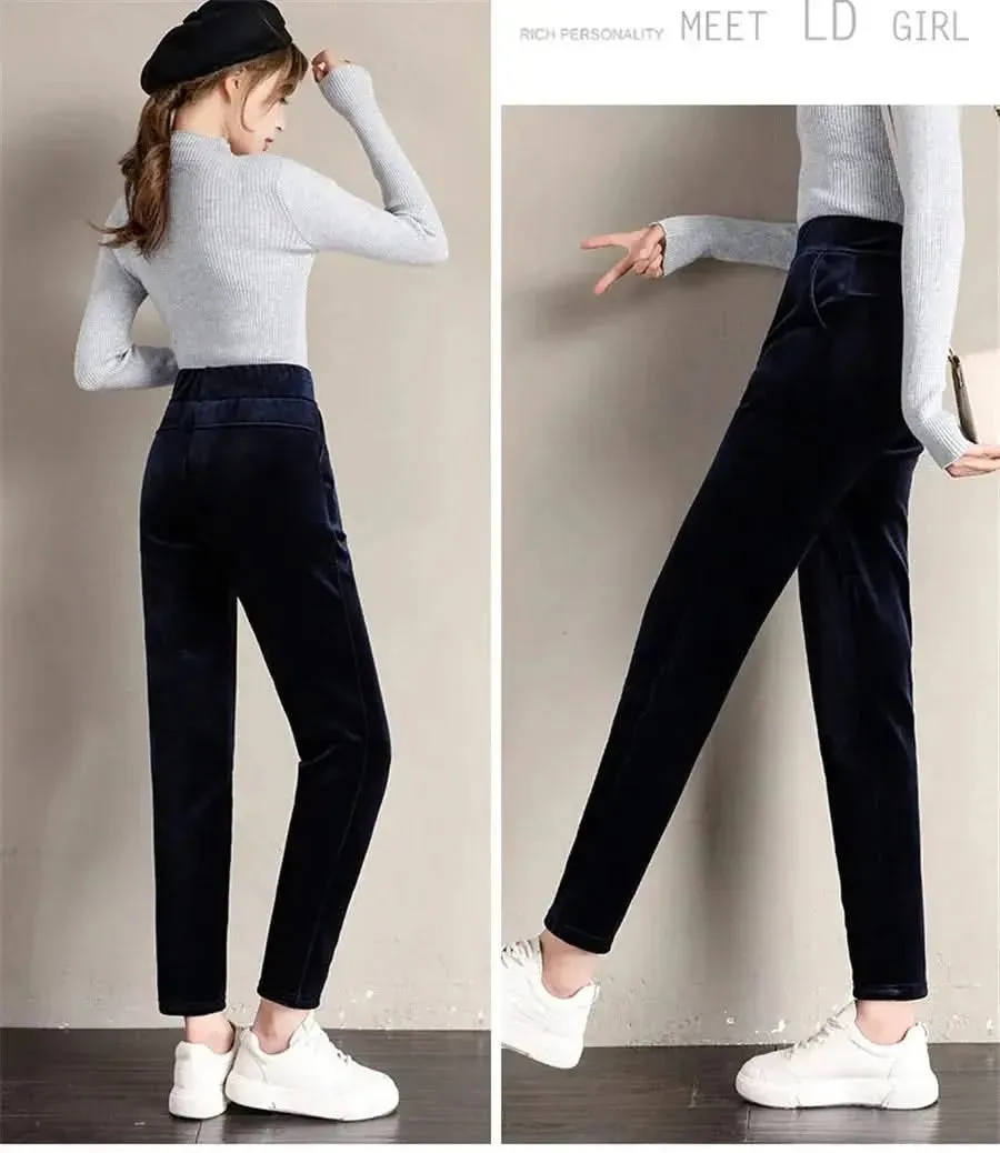 Winter Thicken Velvet Pencil Pants for Women - High Waist Plush Fleece Lined Big Size 5XL Ankle-length Pantalons