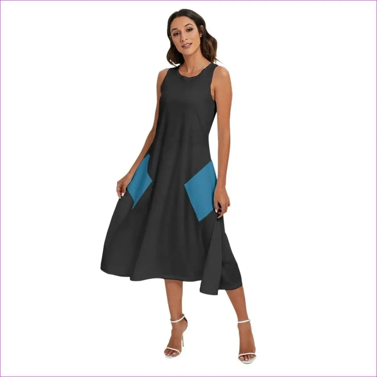 Women's Black Sleeveless Dress With Diagonal Pocket