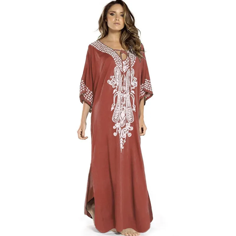 Womens Embroidered Sexy Side Split Long Sleeve Maxi Dress