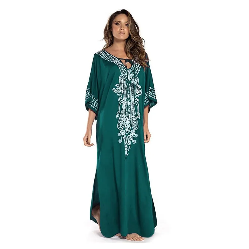 Womens Embroidered Sexy Side Split Long Sleeve Maxi Dress