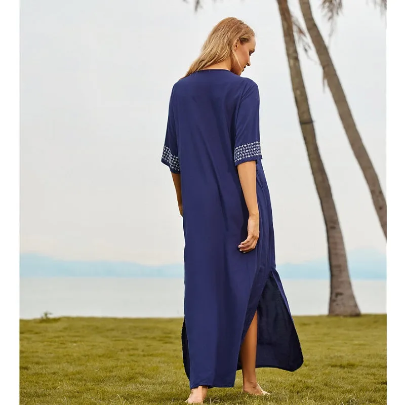 Womens Embroidered Sexy Side Split Long Sleeve Maxi Dress